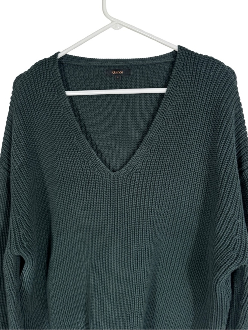 Quince 100% Organic Cotton Fisherman V-Neck Sweater in Dark Spruce, Size L - Picture 3 of 7